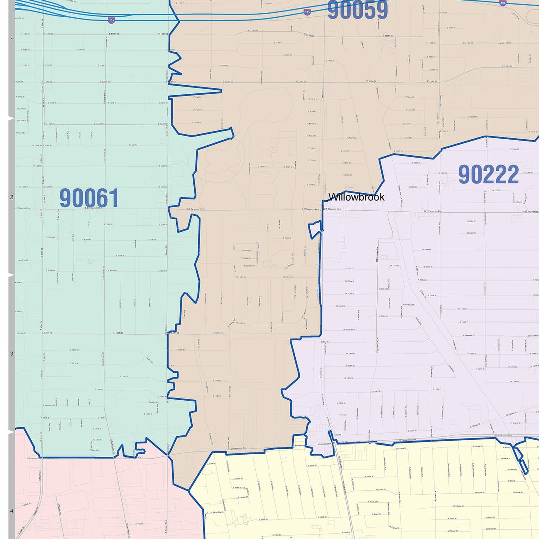 Color Cast Zip Code Style Wall Map of Compton, CA