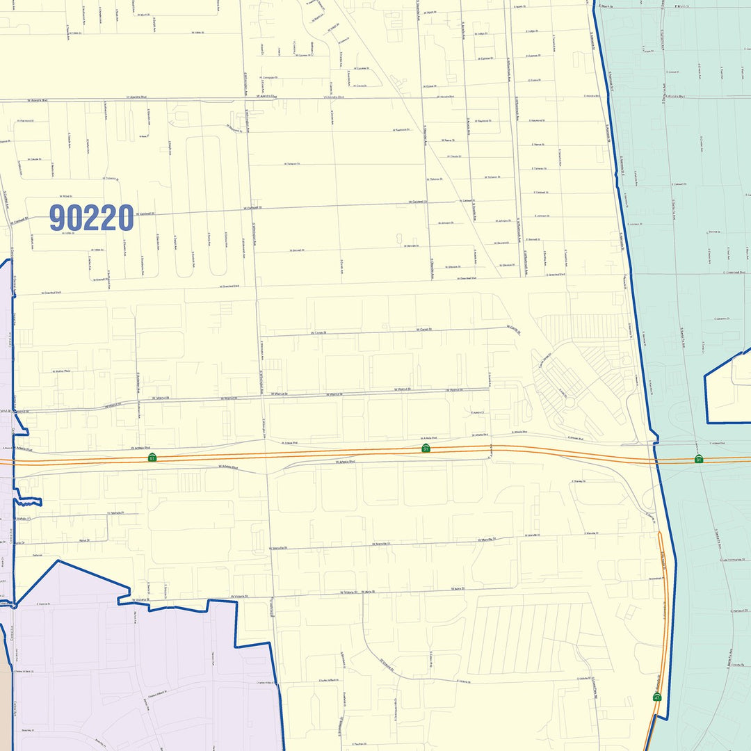 Color Cast Zip Code Style Wall Map of Compton, CA