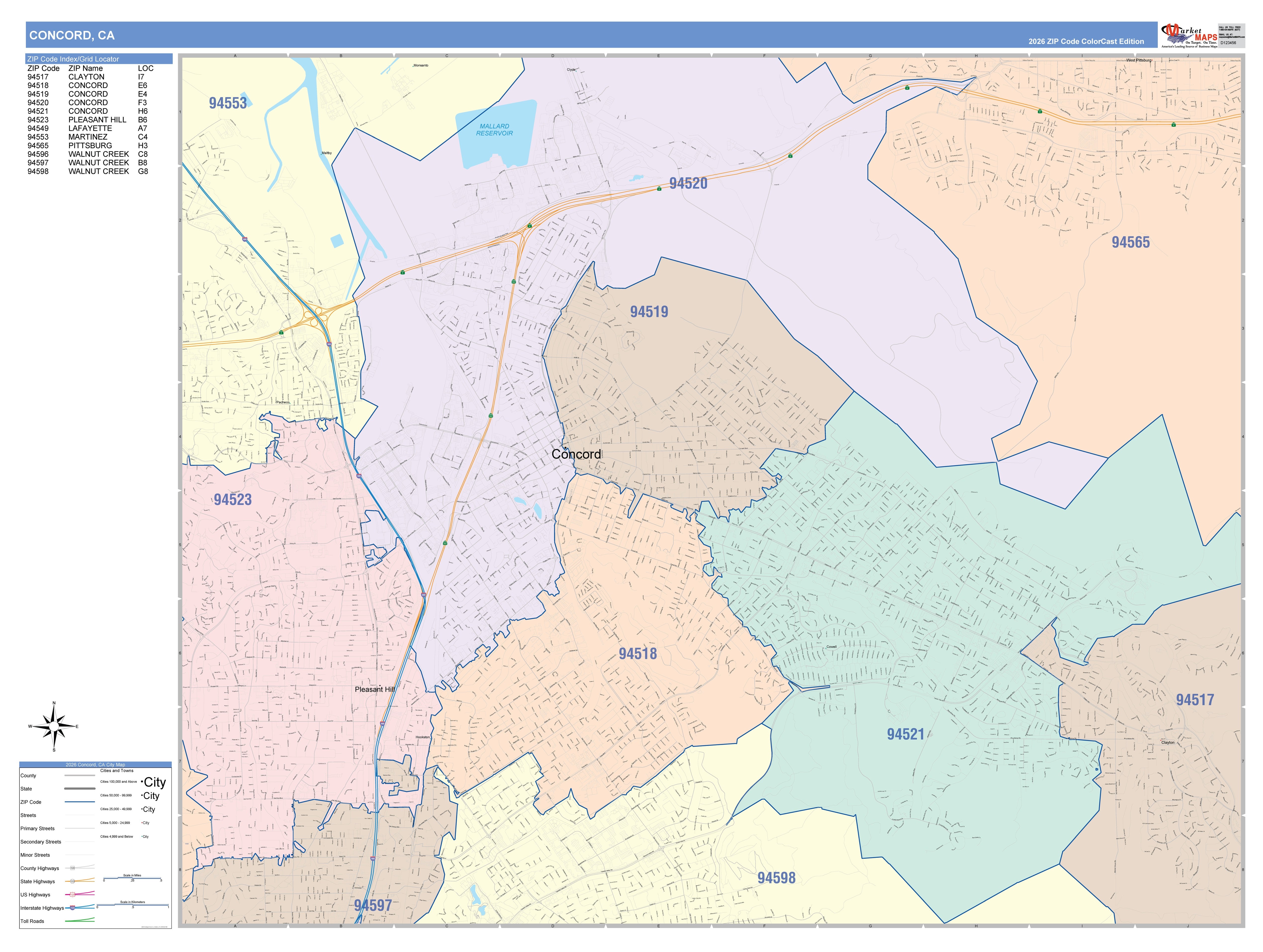 Color Cast Zip Code Style Wall Map of Concord, CA – American Map Store