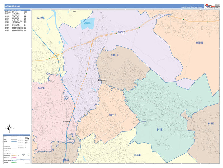 Color Cast Zip Code Style Wall Map of Concord, CA