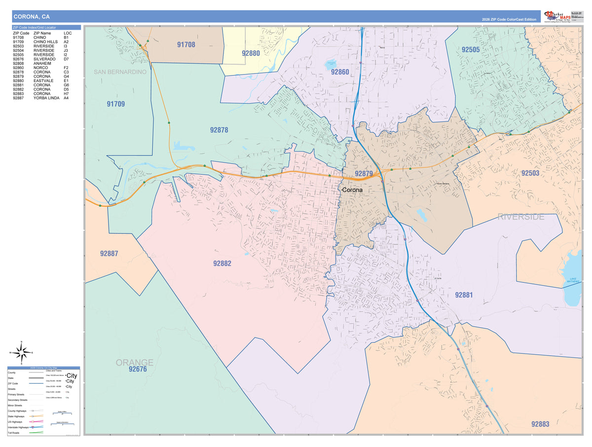 Color Cast Zip Code Style Wall Map of Corona, CA – American Map Store