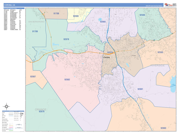 Color Cast Zip Code Style Wall Map of Corona, CA – American Map Store