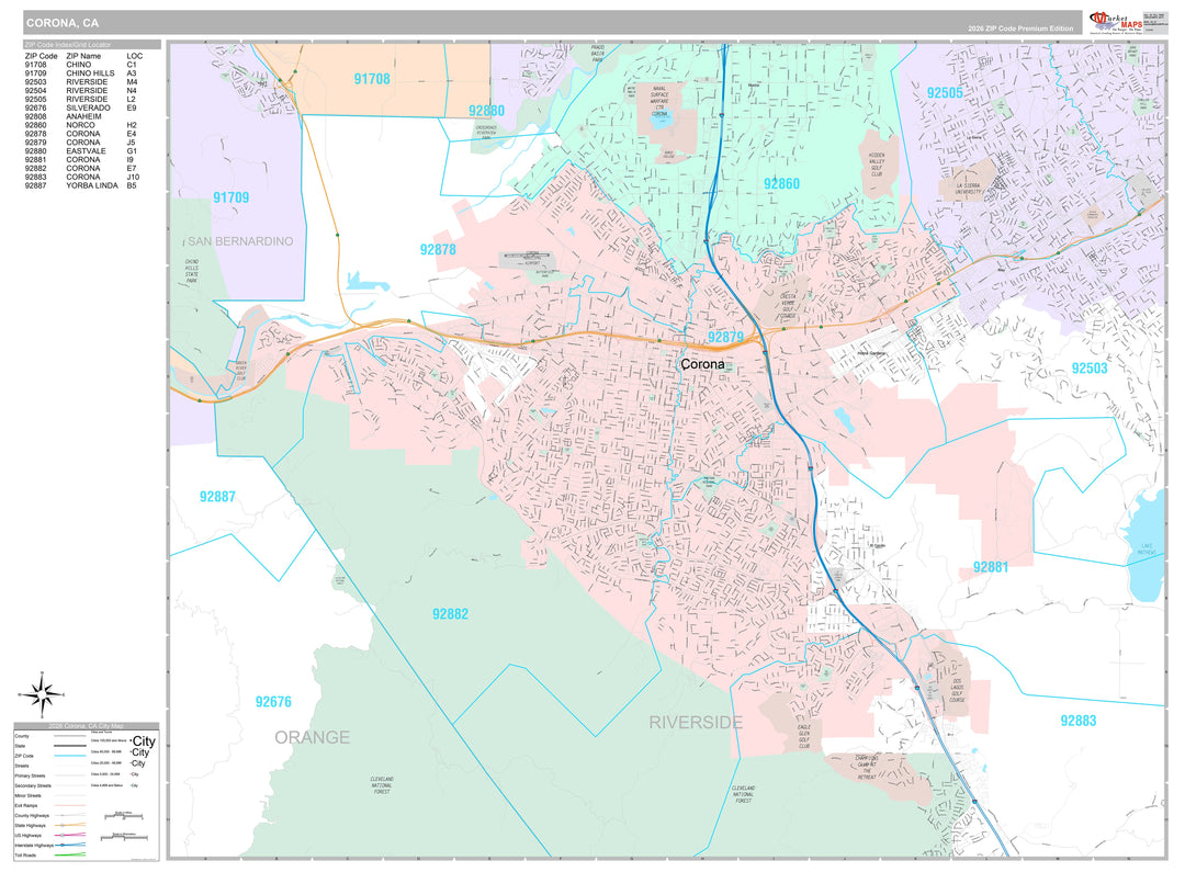 Premium Style Wall Map of Corona, CA