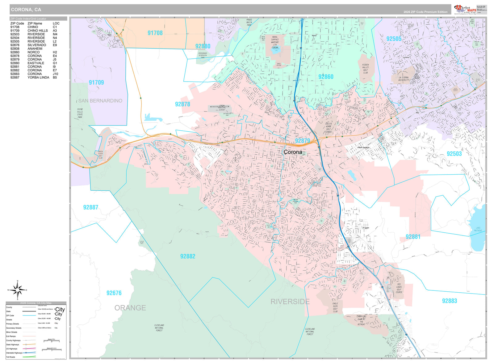Premium Style Wall Map of Corona, CA