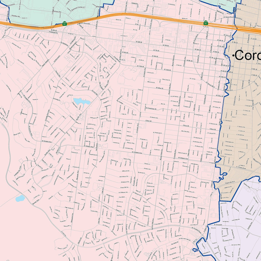 Color Cast Zip Code Style Wall Map of Corona, CA – American Map Store