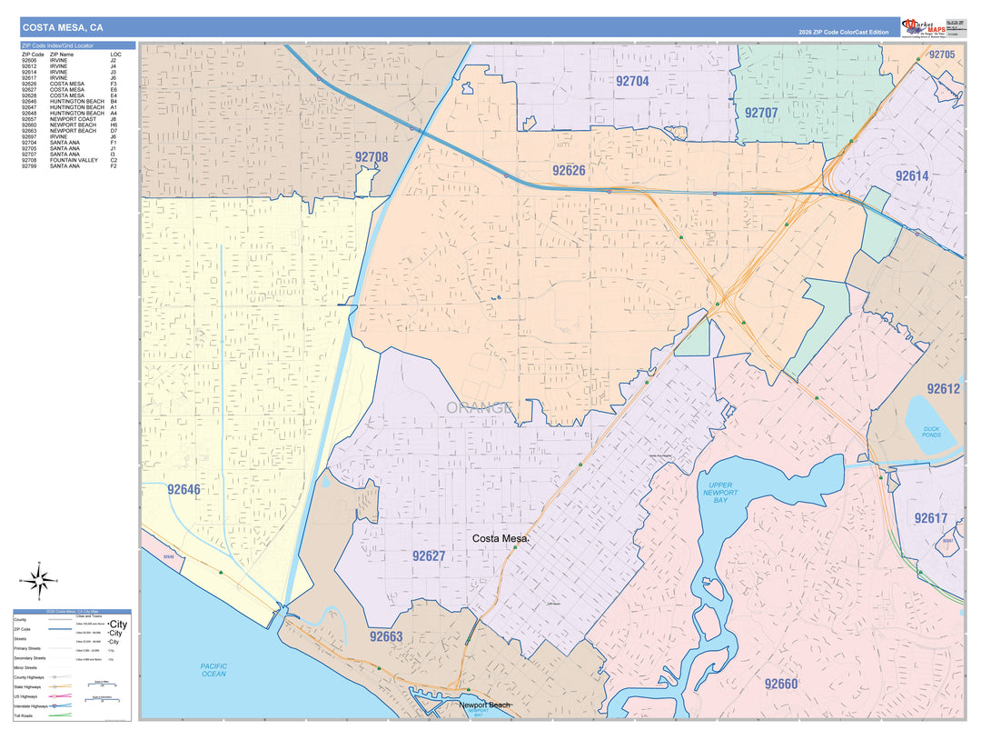 Color Cast Zip Code Style Wall Map of Costa Mesa, CA