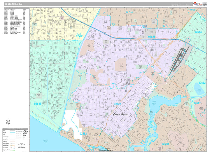 Premium Style Wall Map of Costa Mesa, CA