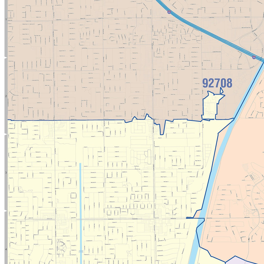 Color Cast Zip Code Style Wall Map of Costa Mesa, CA