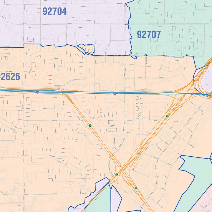 Color Cast Zip Code Style Wall Map of Costa Mesa, CA
