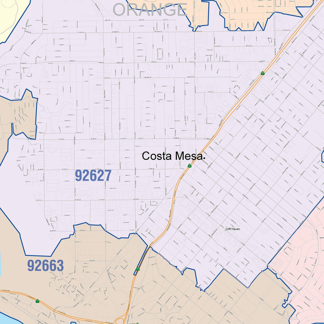Color Cast Zip Code Style Wall Map of Costa Mesa, CA