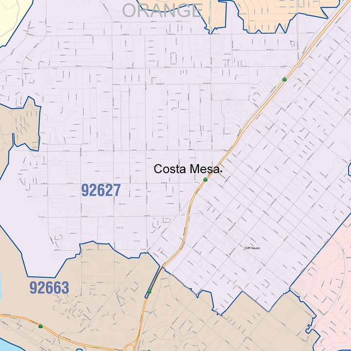 Color Cast Zip Code Style Wall Map of Costa Mesa, CA