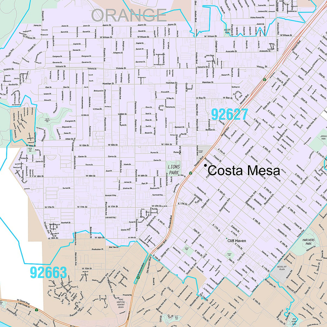 Premium Style Wall Map of Costa Mesa, CA
