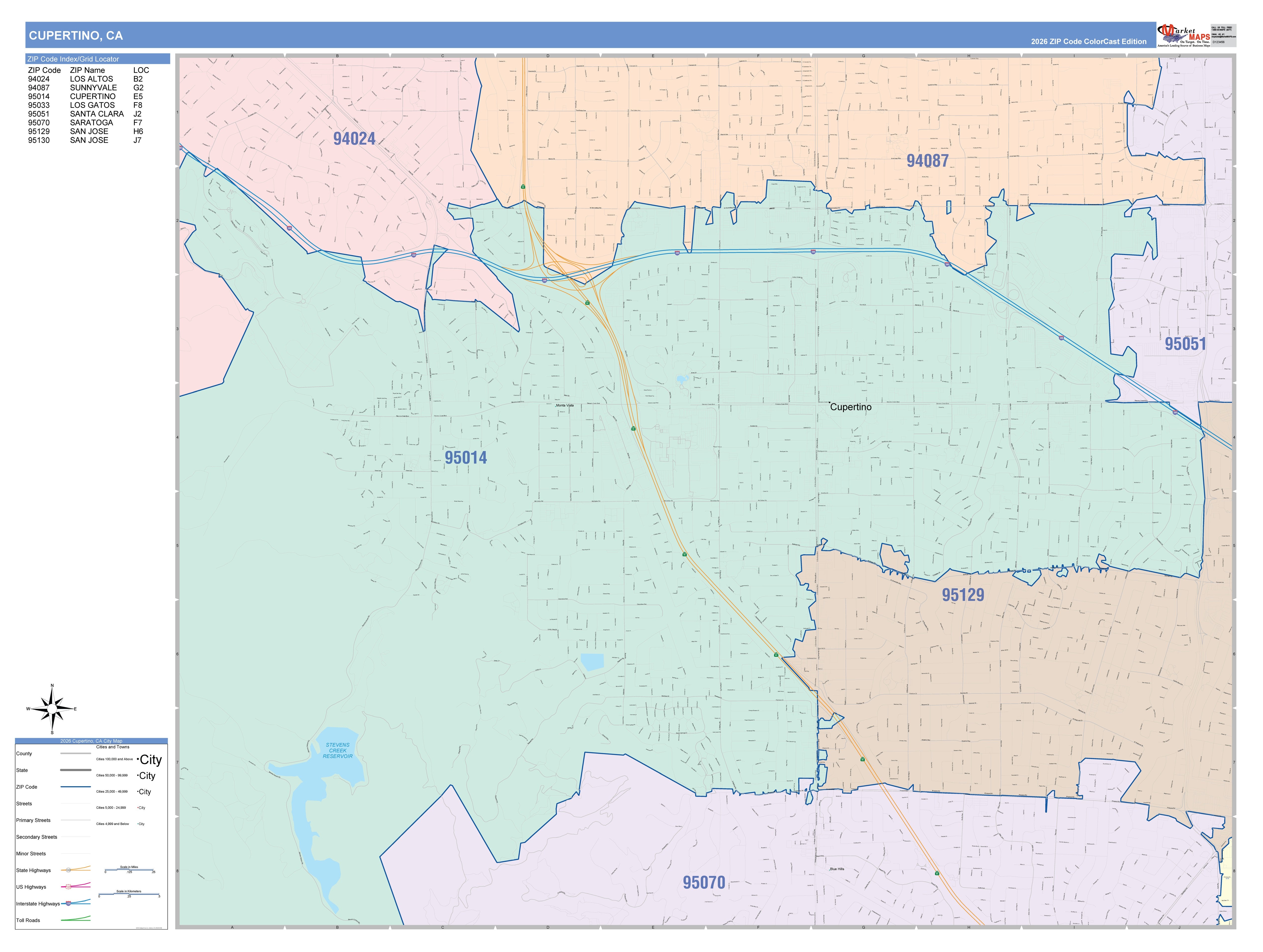 Color Cast Zip Code Style Wall Map of Cupertino, CA – American Map Store
