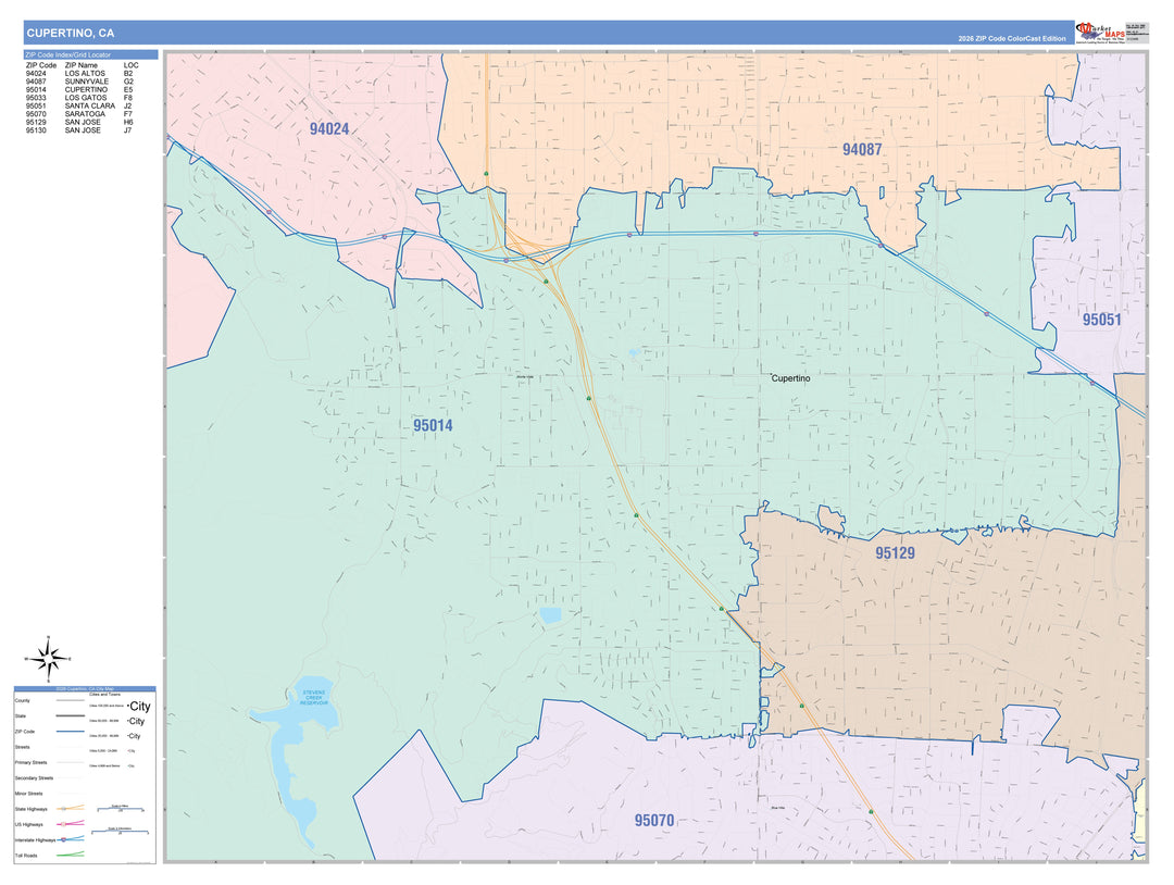 Color Cast Zip Code Style Wall Map of Cupertino, CA