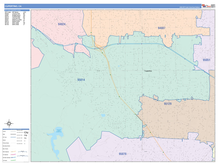 Color Cast Zip Code Style Wall Map of Cupertino, CA