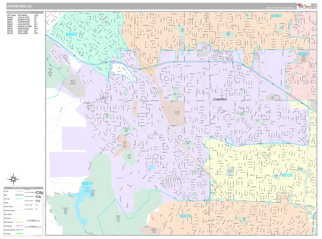 Premium Style Wall Map of Cupertino, CA
