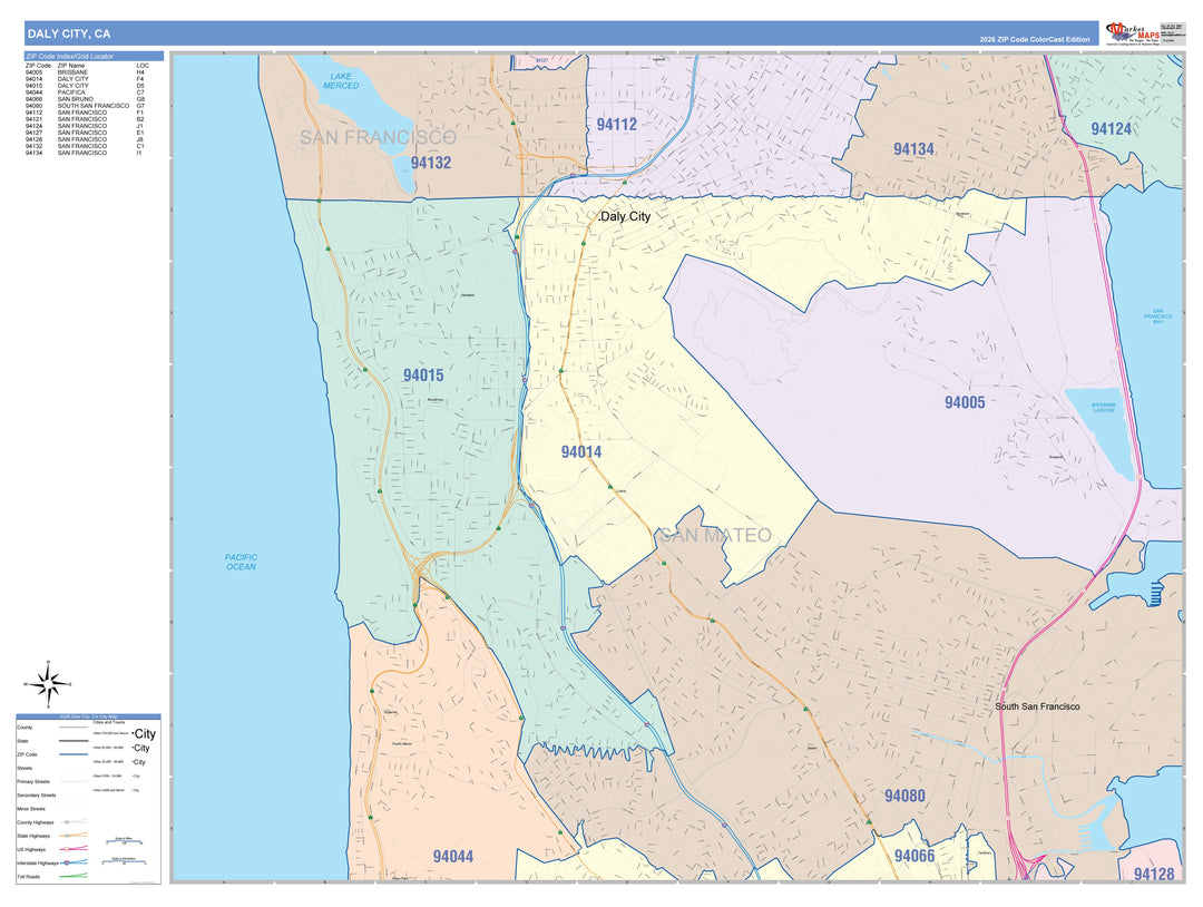 Color Cast Zip Code Style Wall Map of Daly City, CA