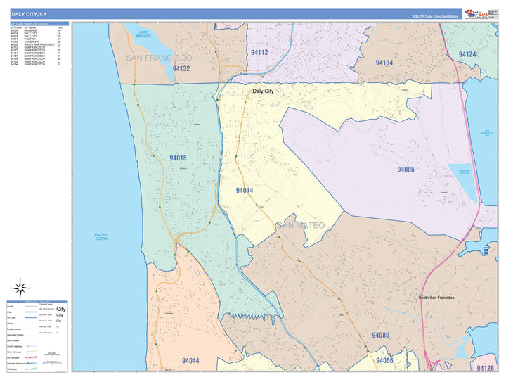Color Cast Zip Code Style Wall Map of Daly City, CA