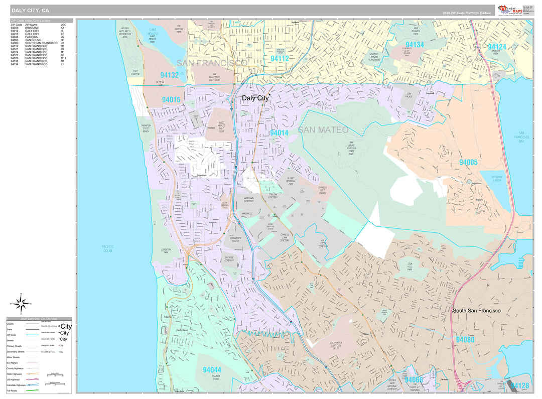 Premium Style Wall Map of Daly City, CA