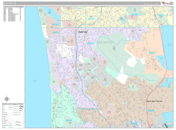 Premium Style Wall Map of Daly City, CA