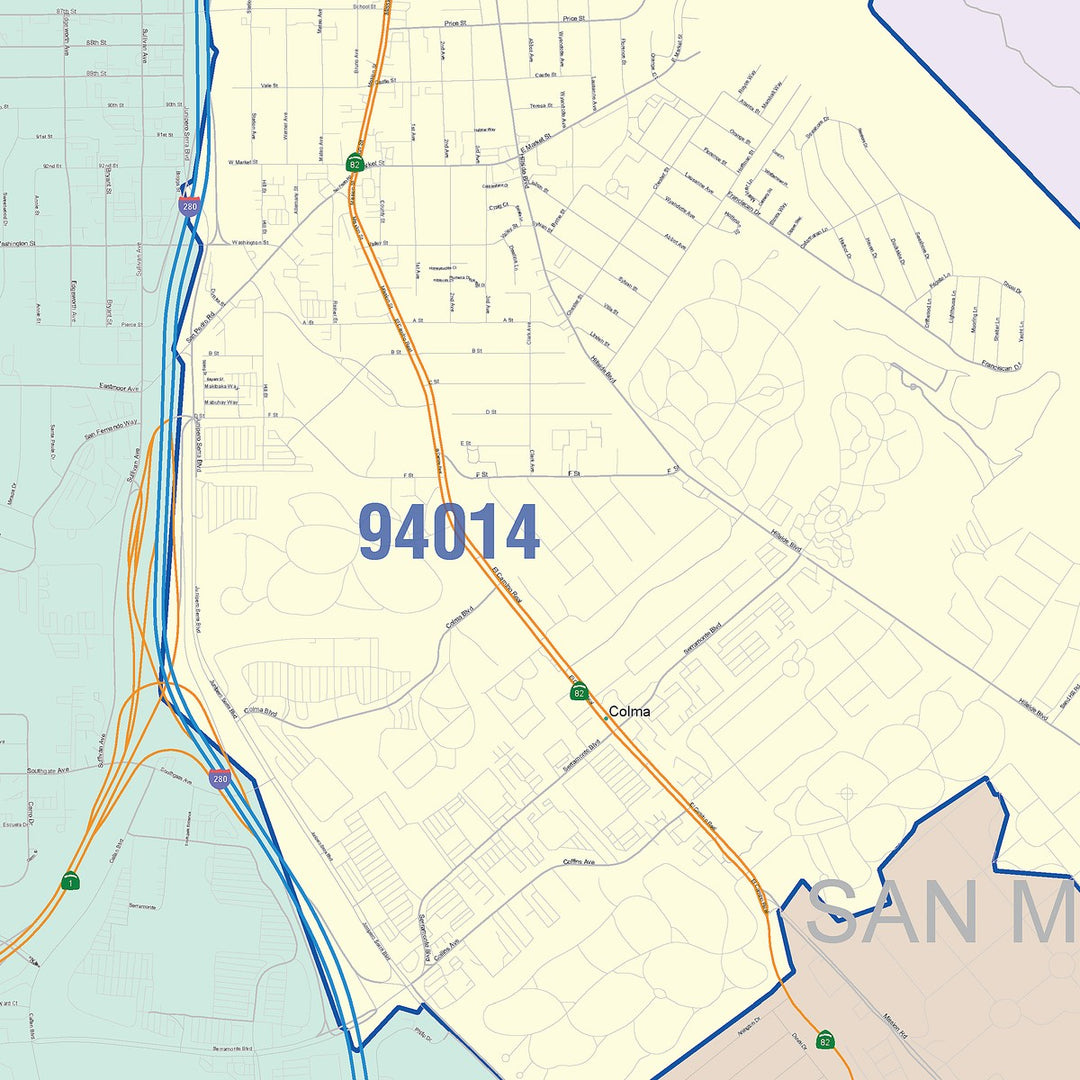 Color Cast Zip Code Style Wall Map of Daly City, CA
