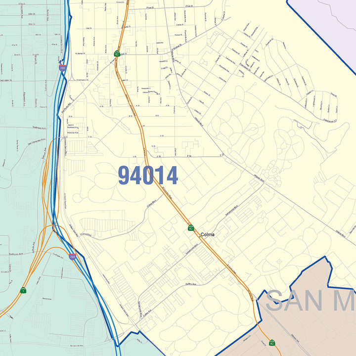 Color Cast Zip Code Style Wall Map of Daly City, CA