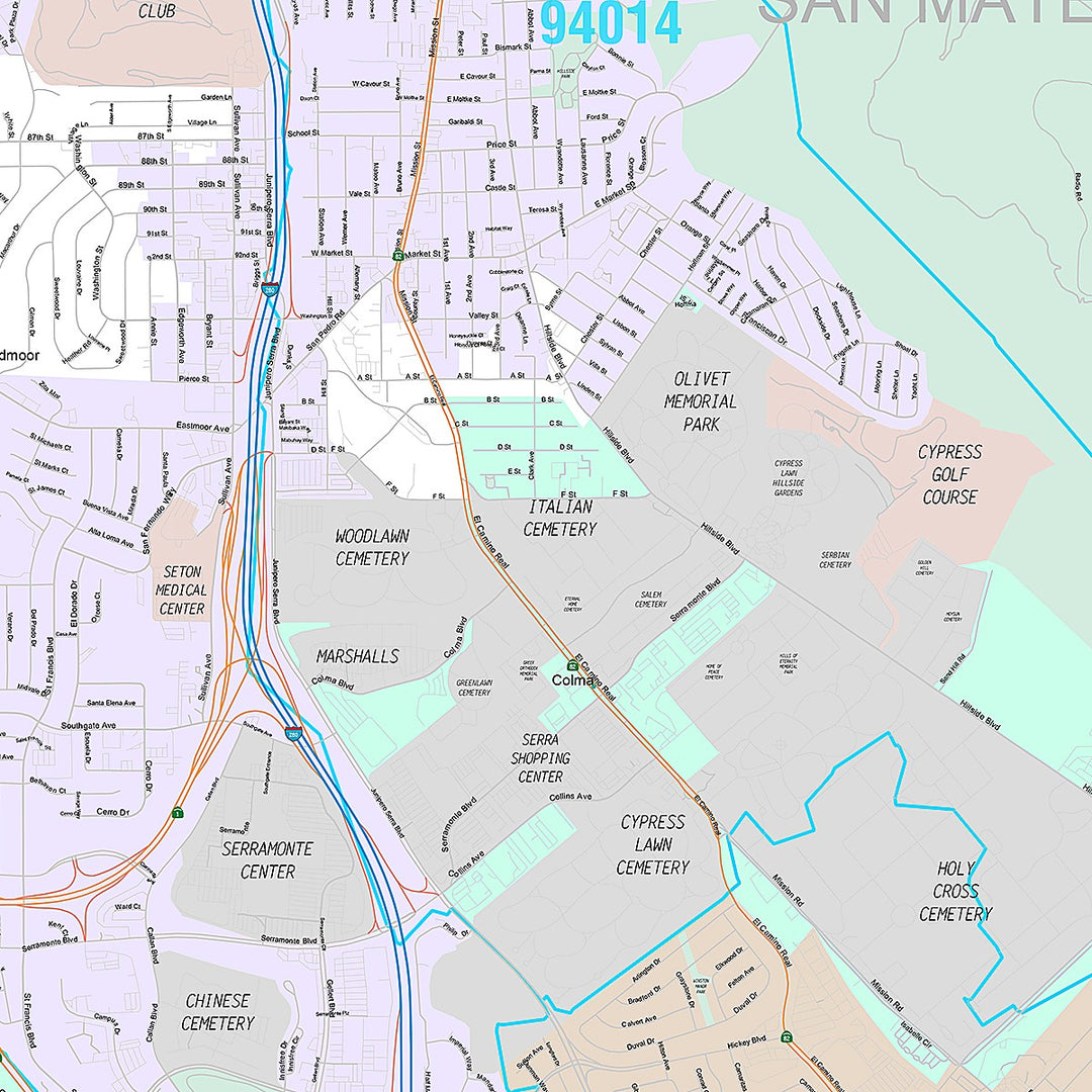 Premium Style Wall Map of Daly City, CA