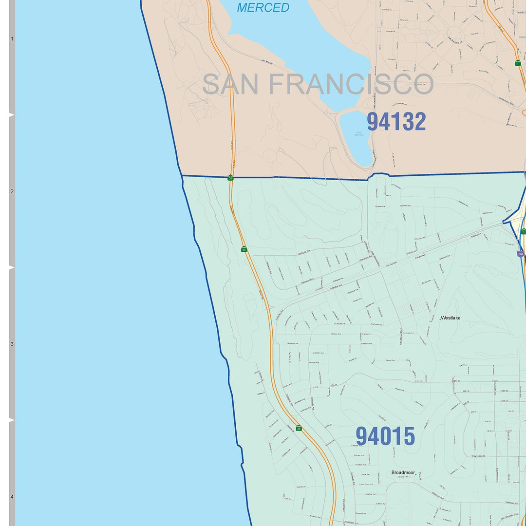 Color Cast Zip Code Style Wall Map of Daly City, CA