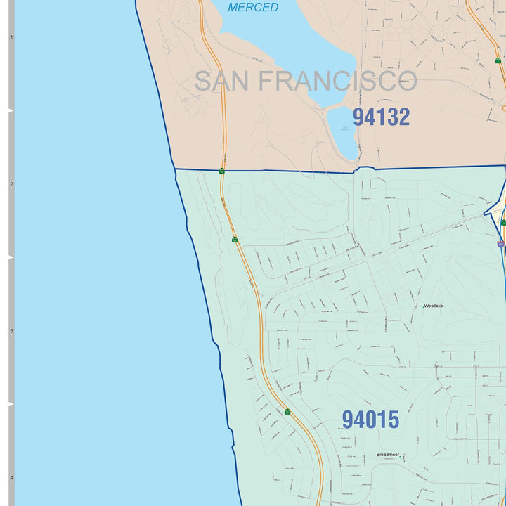 Color Cast Zip Code Style Wall Map of Daly City, CA