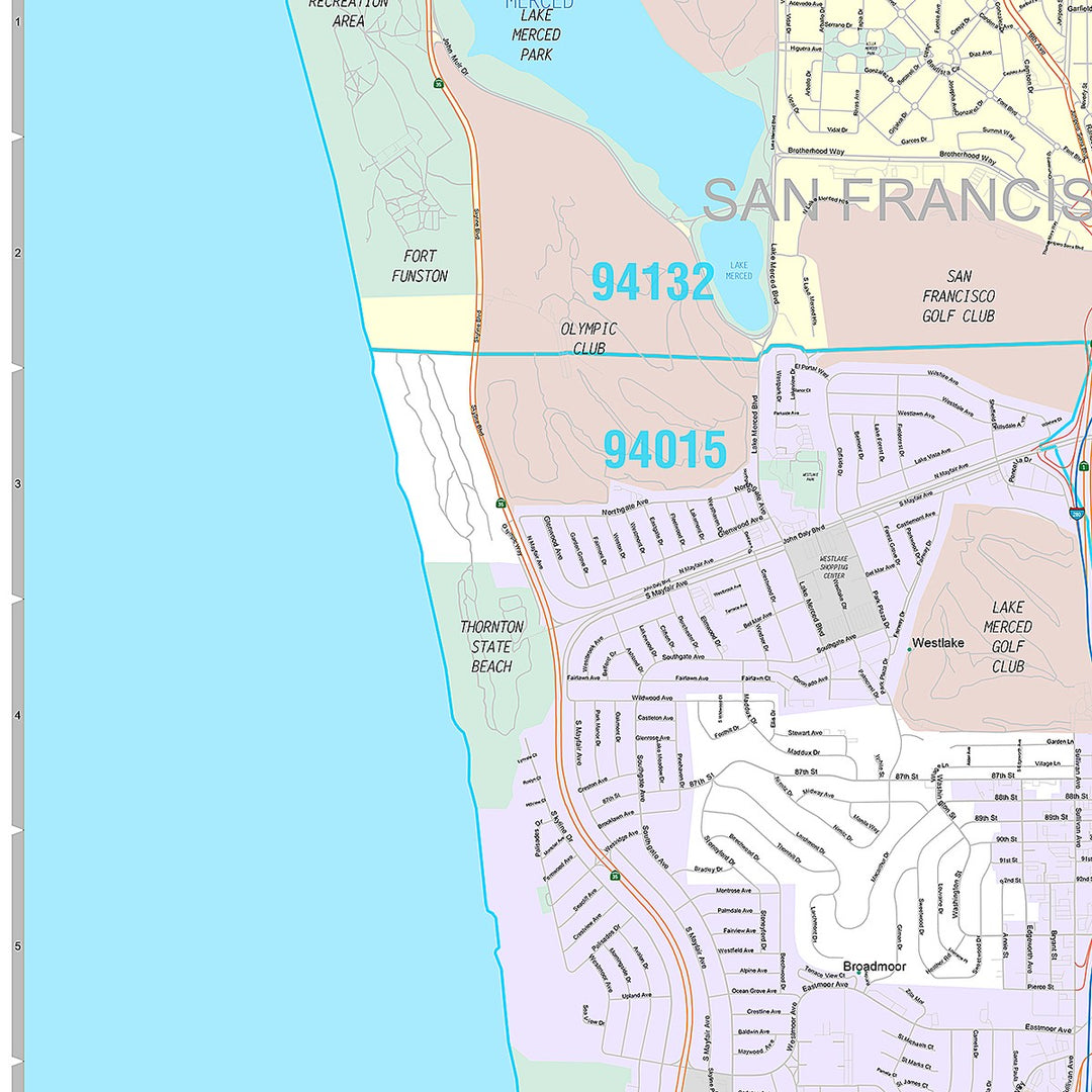 Premium Style Wall Map of Daly City, CA