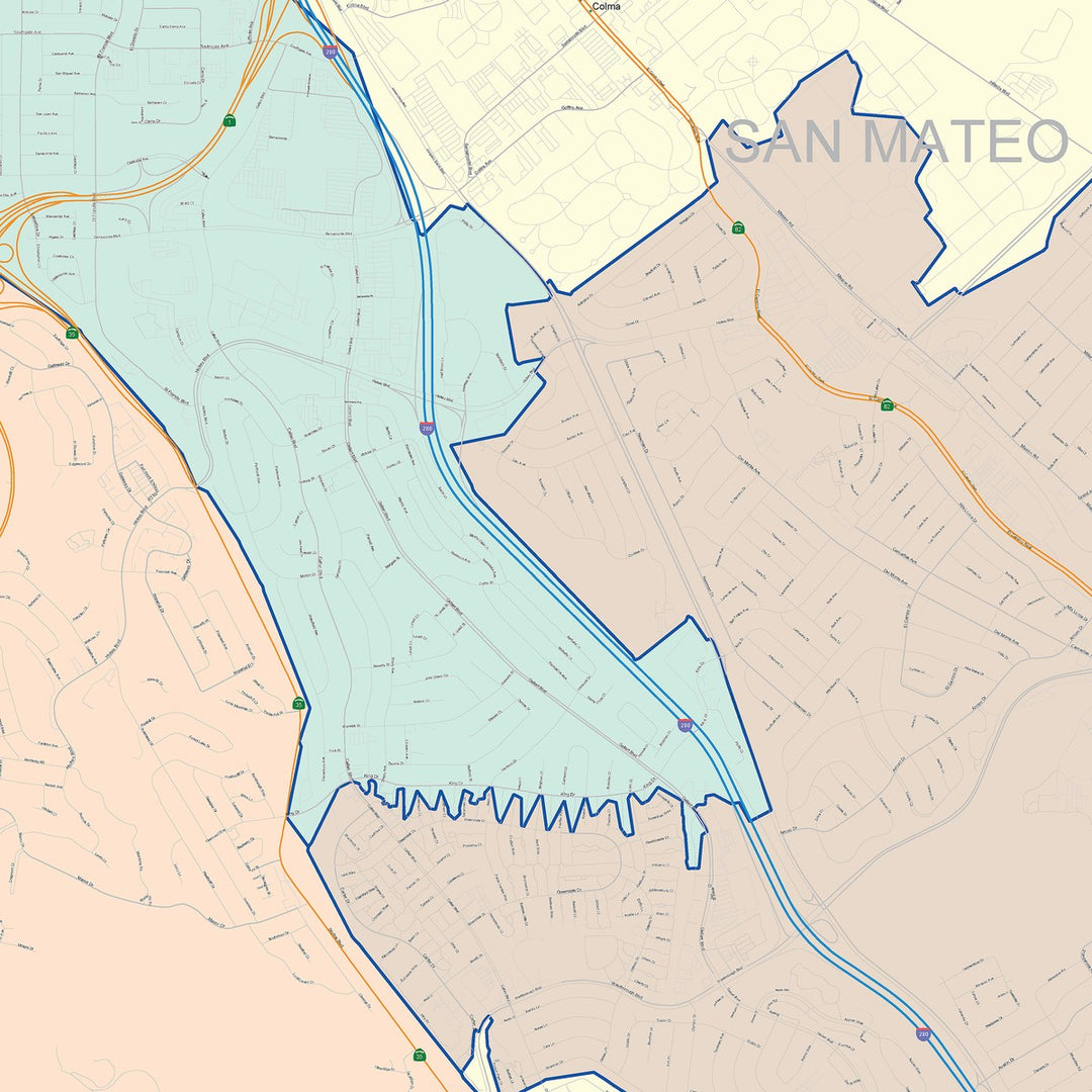 Color Cast Zip Code Style Wall Map of Daly City, CA