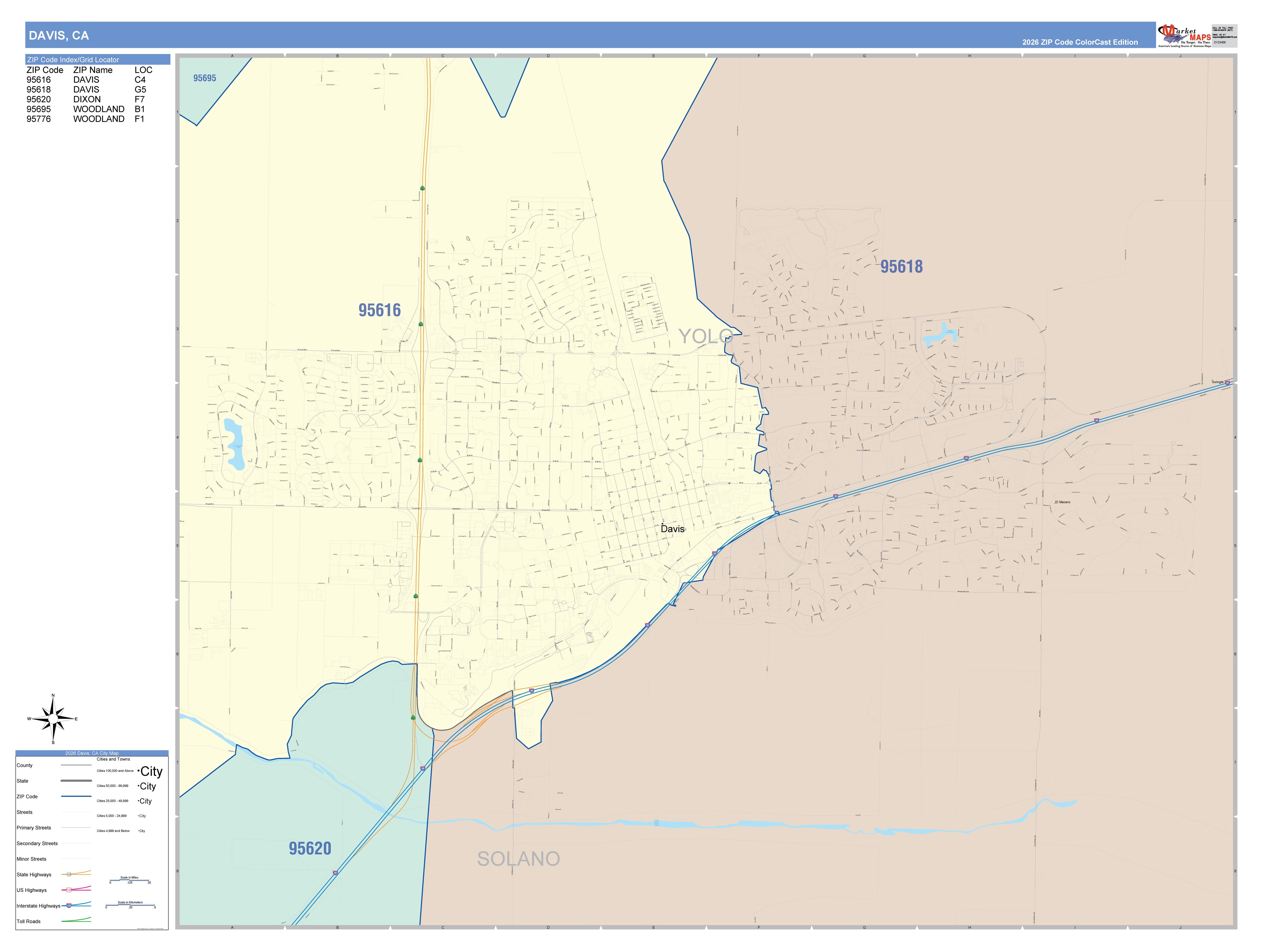 Color Cast Zip Code Style Wall Map of Davis, CA – American Map Store