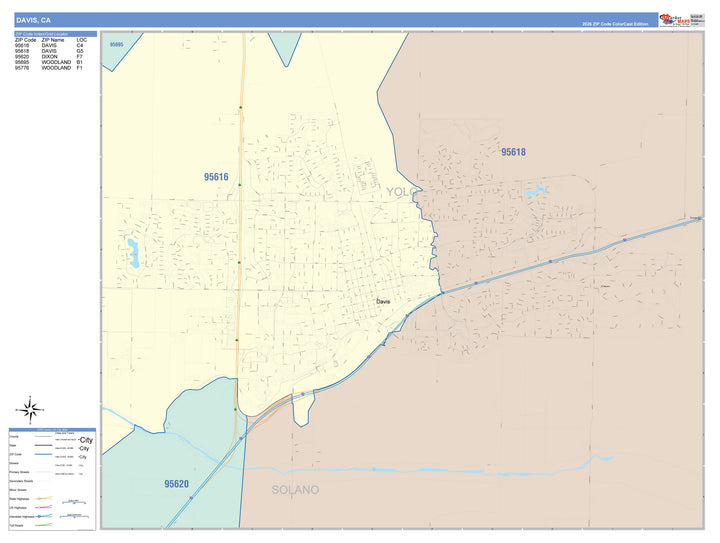 Color Cast Zip Code Style Wall Map of Davis, CA
