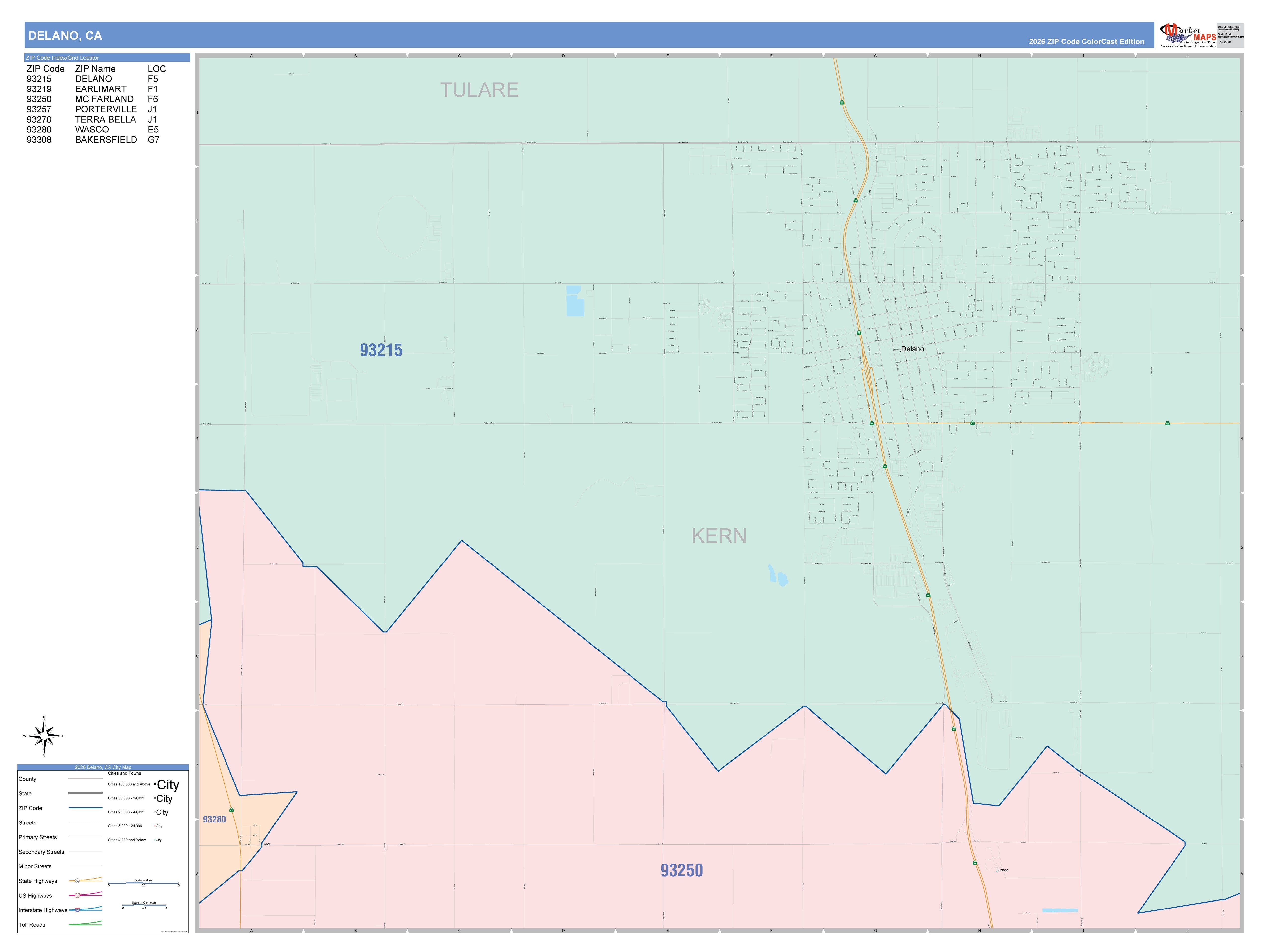 Color Cast Zip Code Style Wall Map of Delano, CA – American Map Store