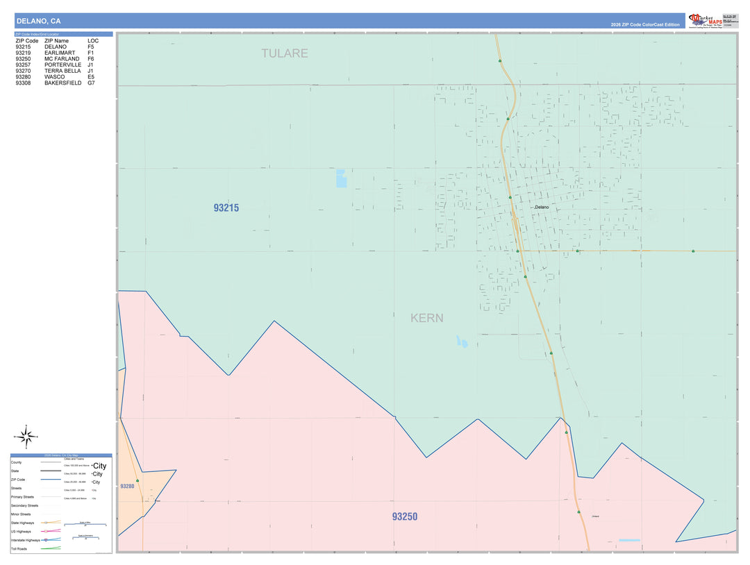 Color Cast Zip Code Style Wall Map of Delano, CA