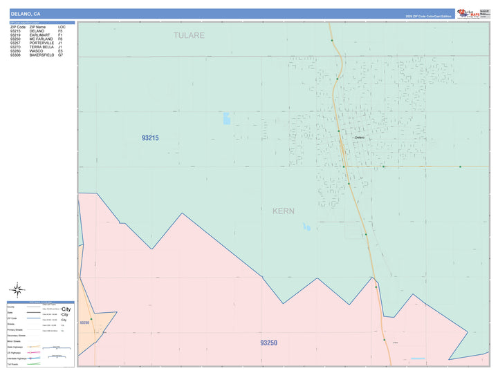 Color Cast Zip Code Style Wall Map of Delano, CA