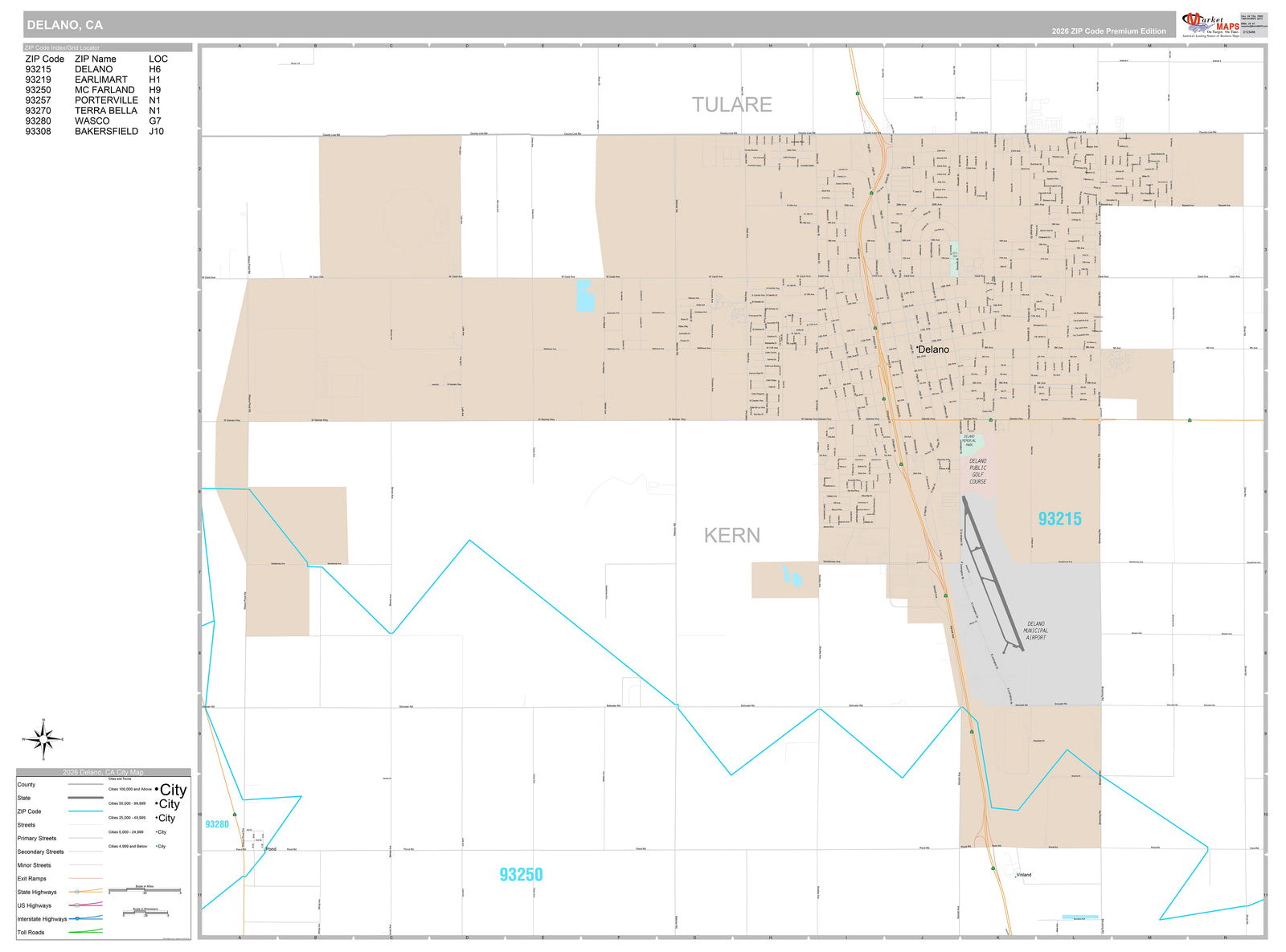 Premium Style Wall Map of Delano, CA