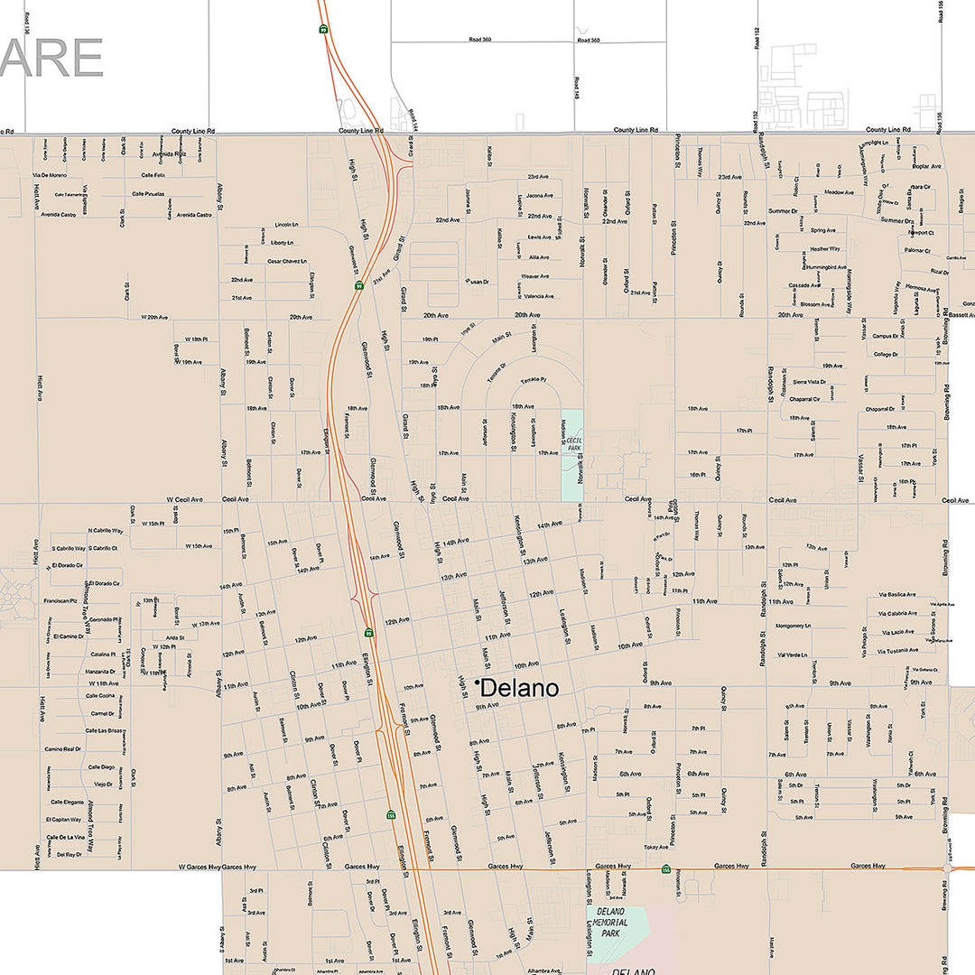 Premium Style Wall Map of Delano, CA