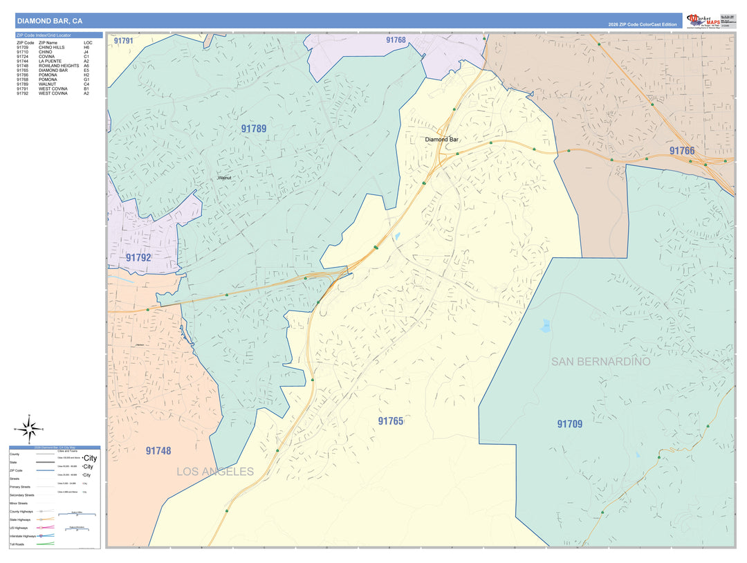 Color Cast Zip Code Style Wall Map of Diamond Bar, CA