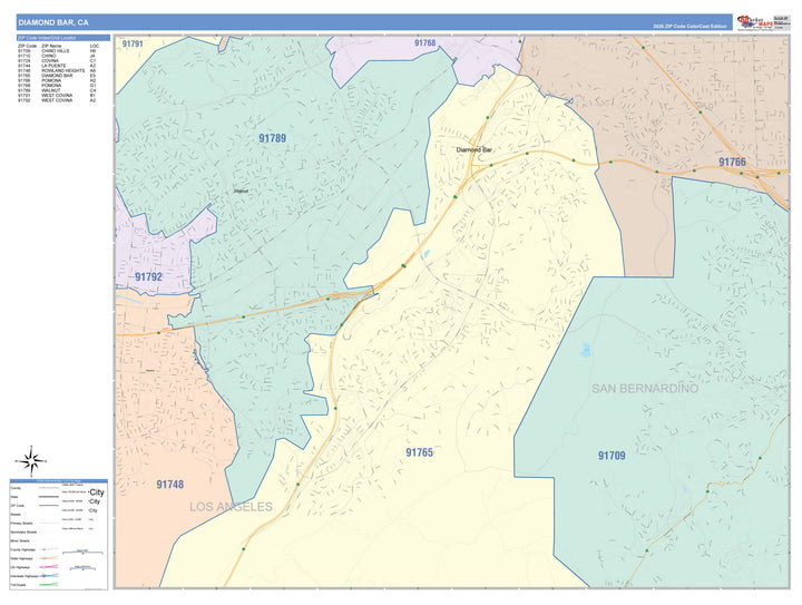 Color Cast Zip Code Style Wall Map of Diamond Bar, CA