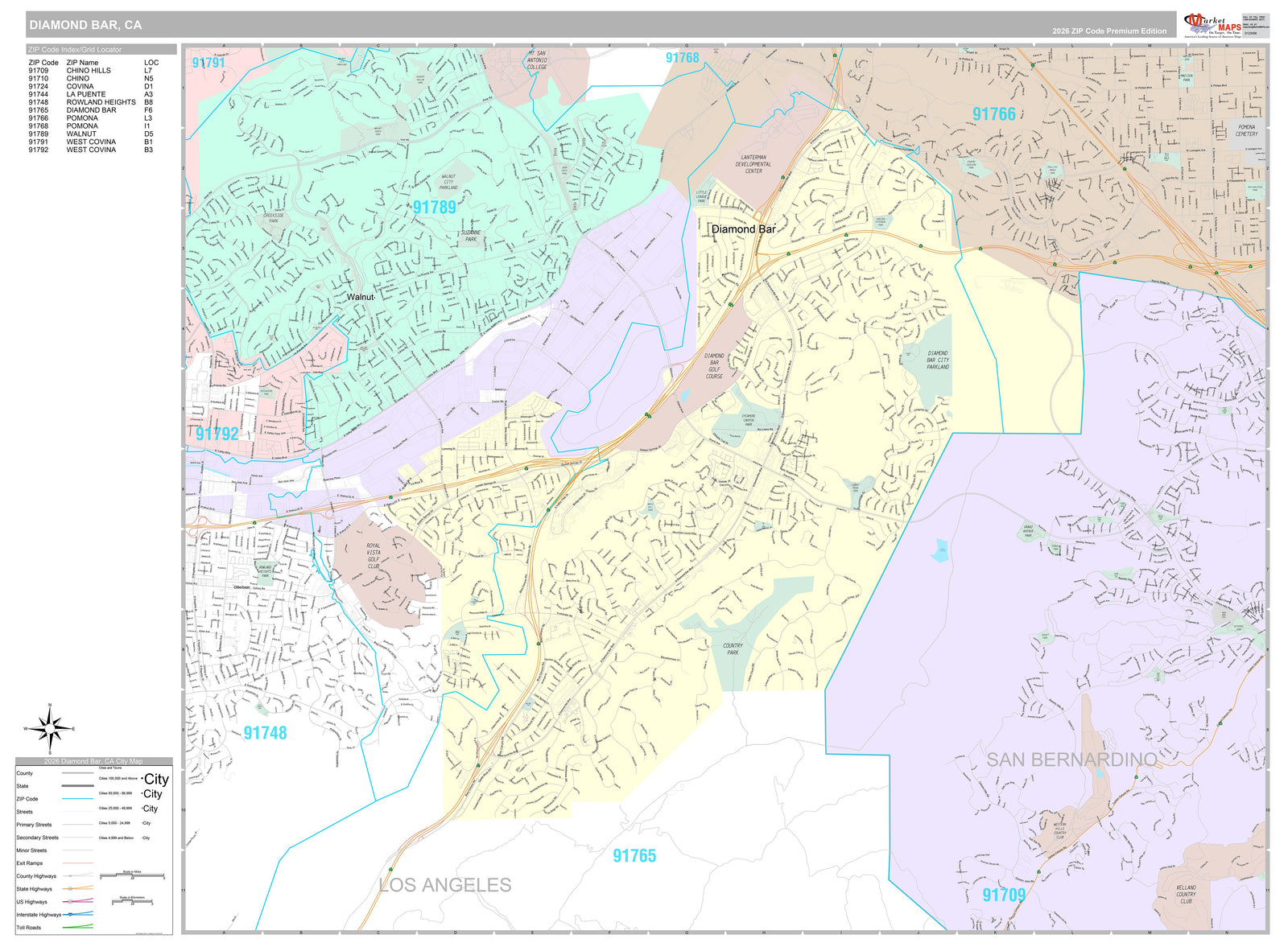 Premium Style Wall Map of Diamond Bar, CA