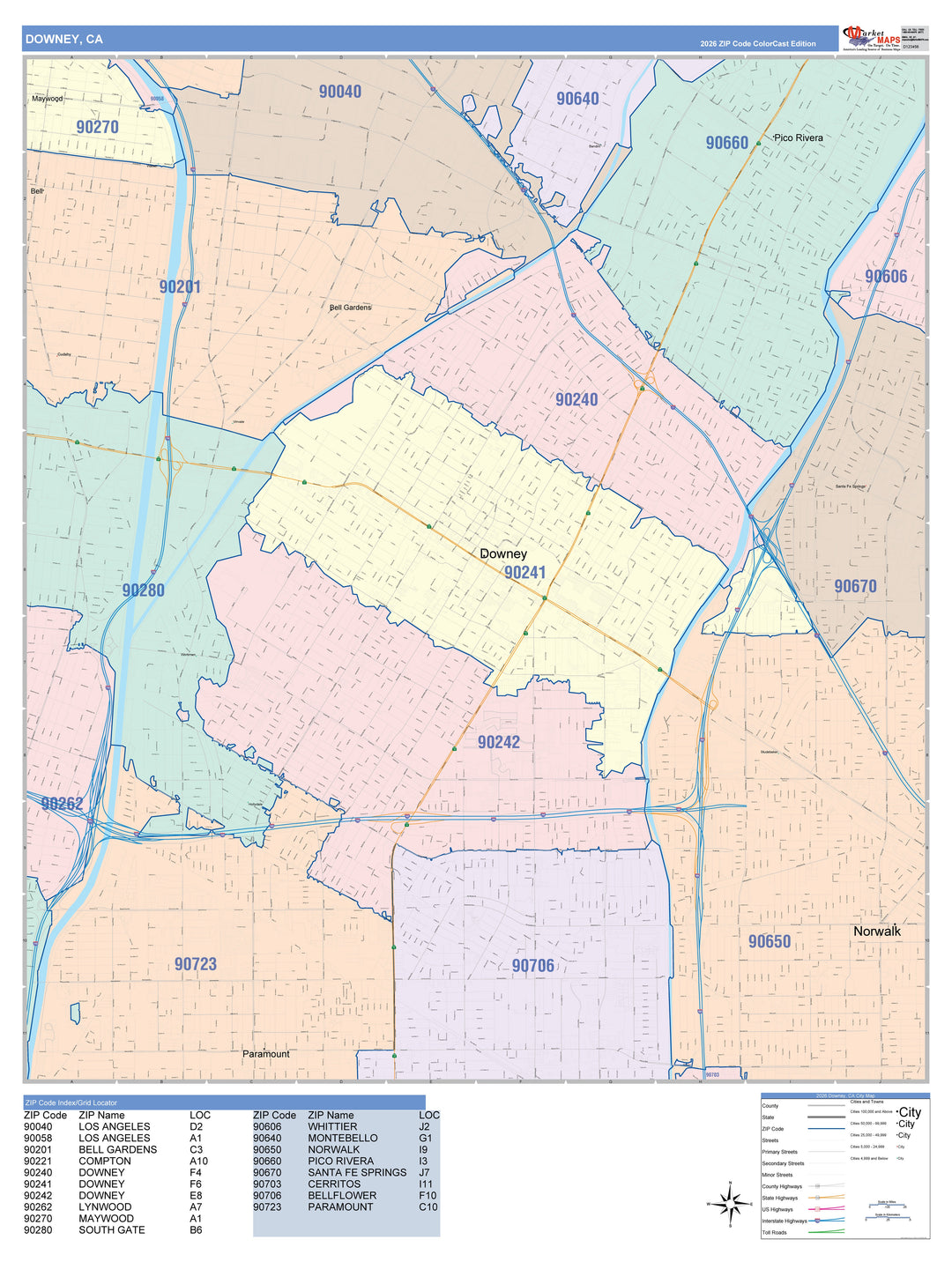 Color Cast Zip Code Style Wall Map of Downey, CA – American Map Store