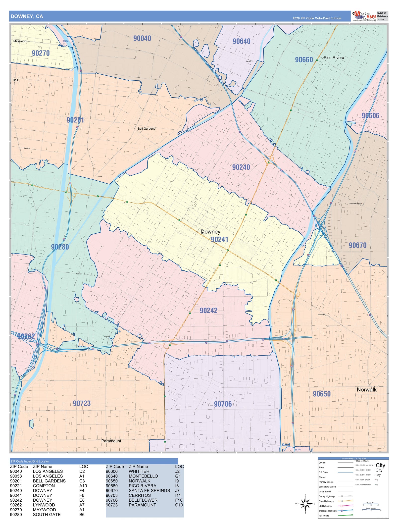 Color Cast Zip Code Style Wall Map of Downey, CA