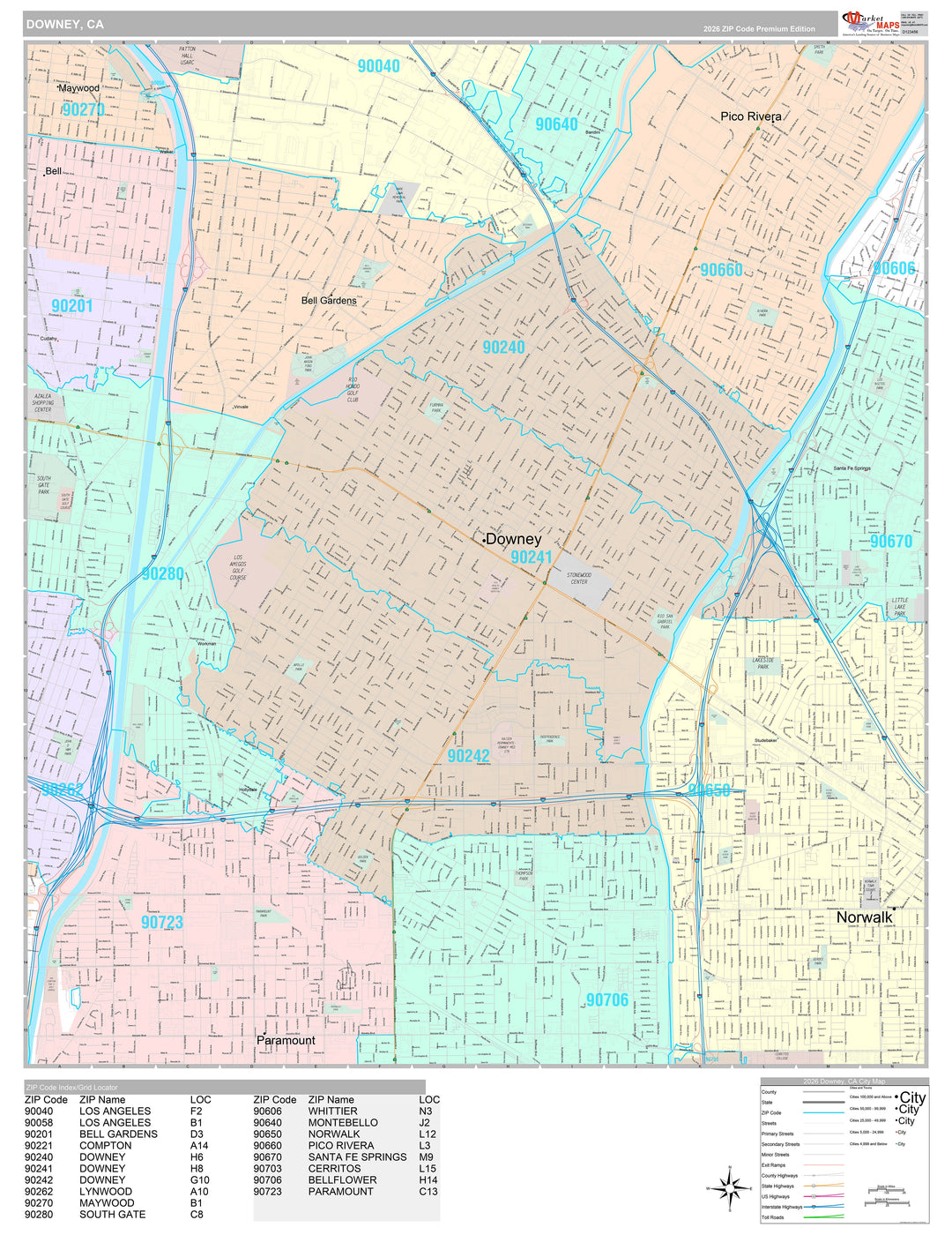 Premium Style Wall Map of Downey, CA