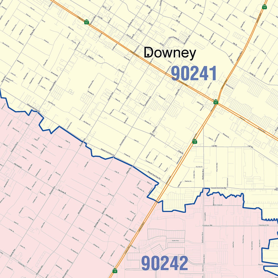 Color Cast Zip Code Style Wall Map of Downey, CA