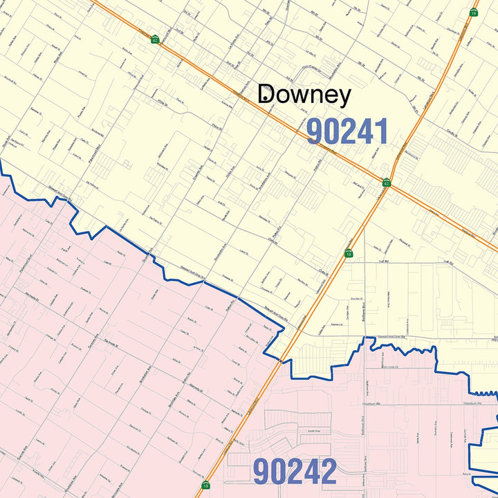 Color Cast Zip Code Style Wall Map of Downey, CA