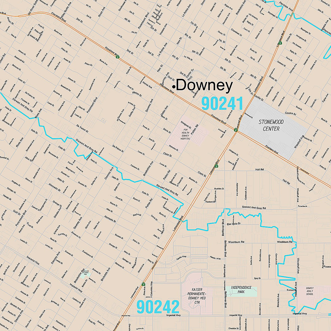 Premium Style Wall Map of Downey, CA