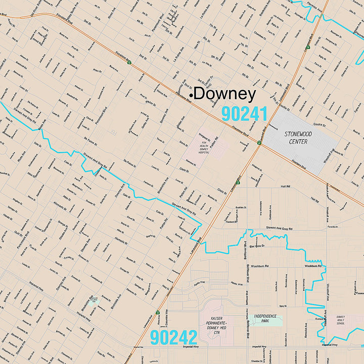 Premium Style Wall Map of Downey, CA