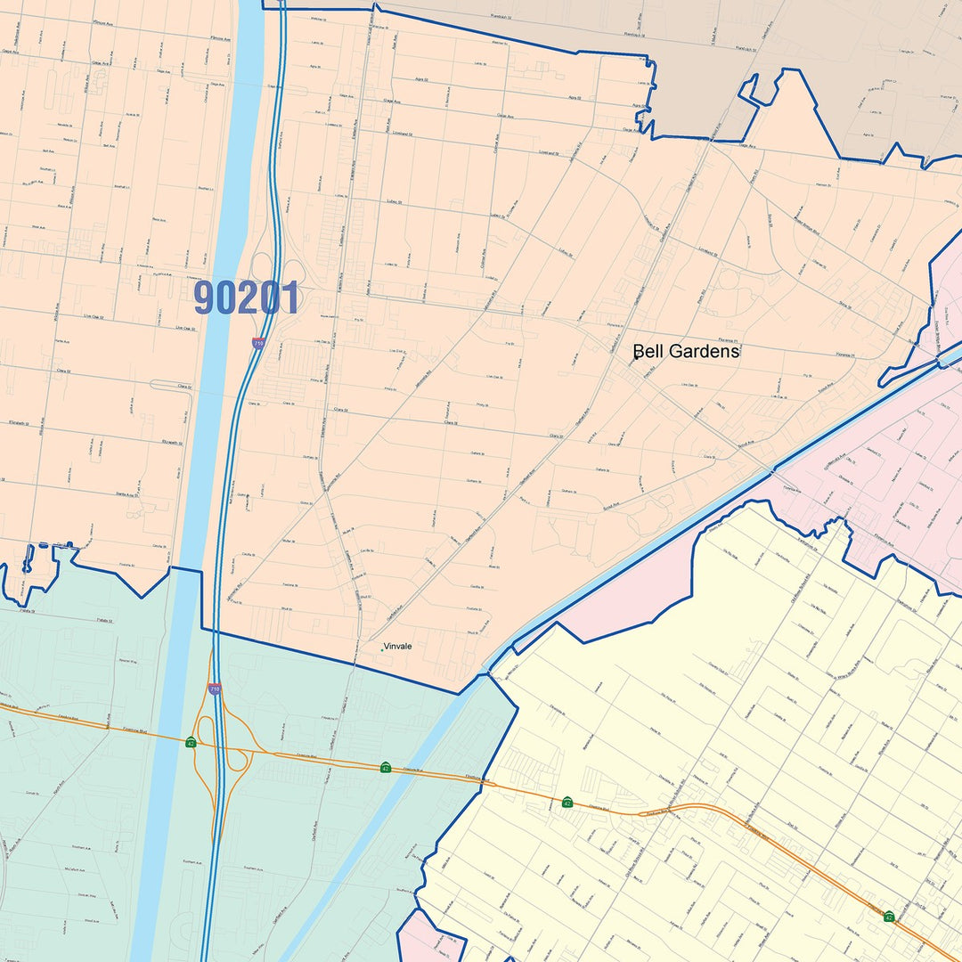 Color Cast Zip Code Style Wall Map of Downey, CA – American Map Store