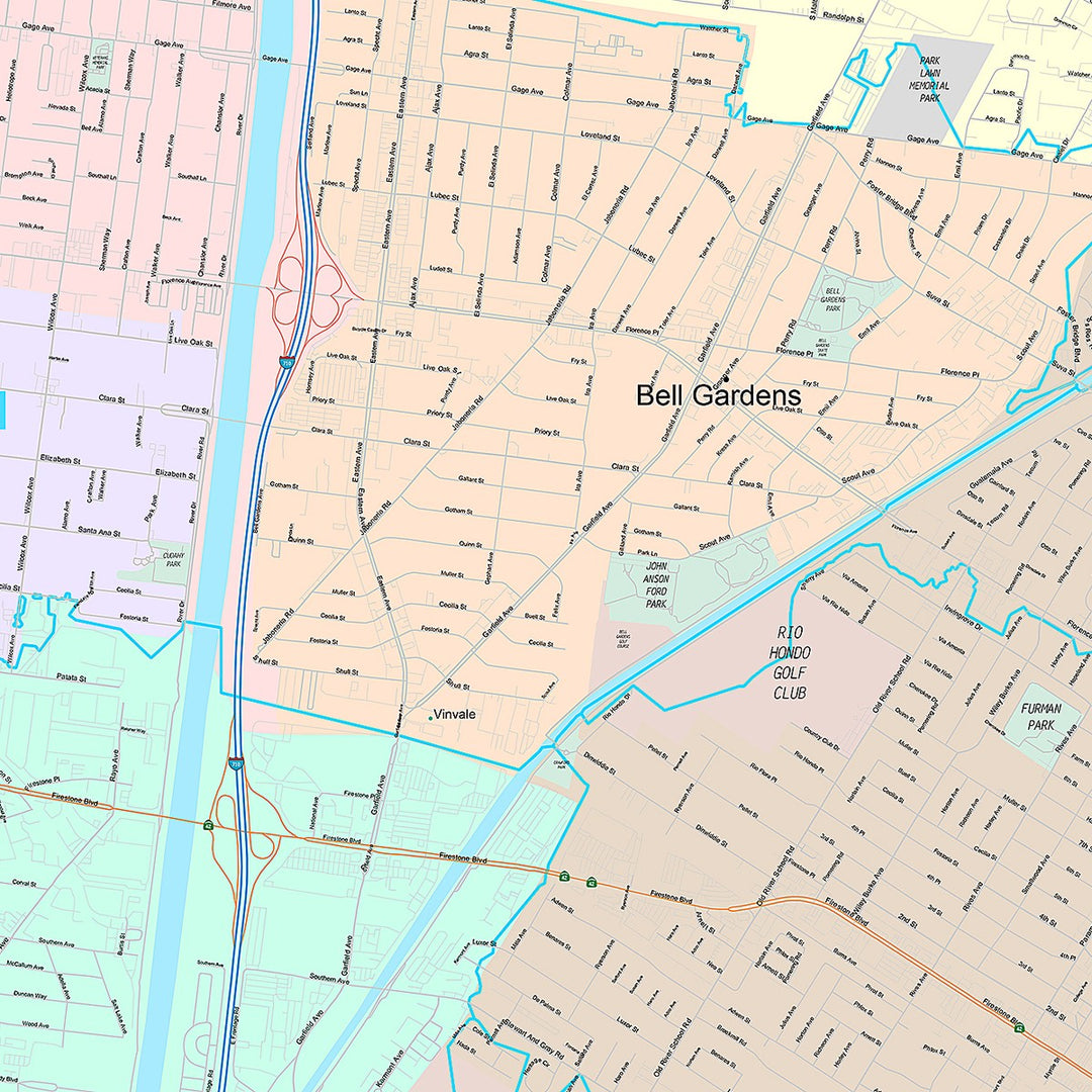 Premium Style Wall Map of Downey, CA